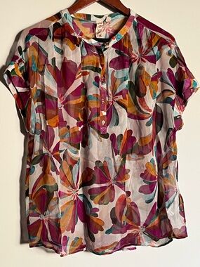 Anthropologie Multicolored Floral Short-Sleeve Henley Blouse
